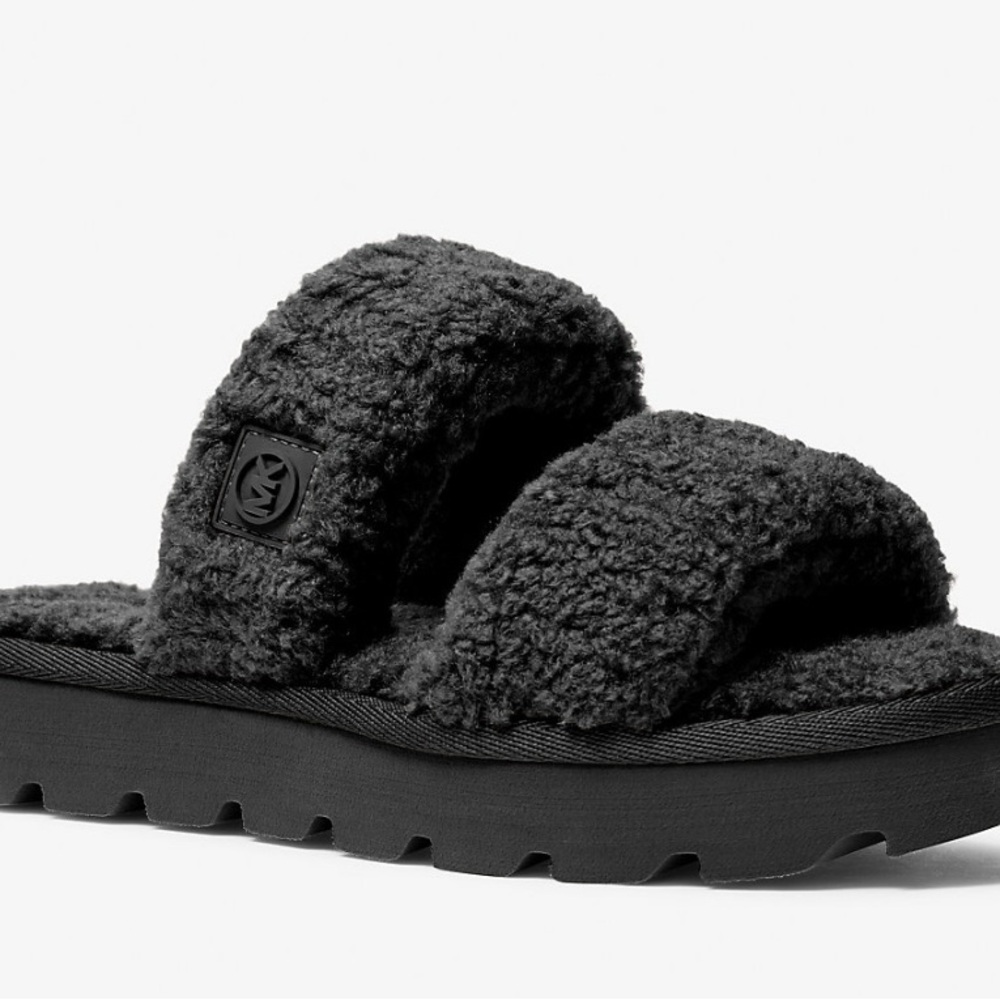 Cozy Black Fuzzy Slide Sandals Michael Kors
